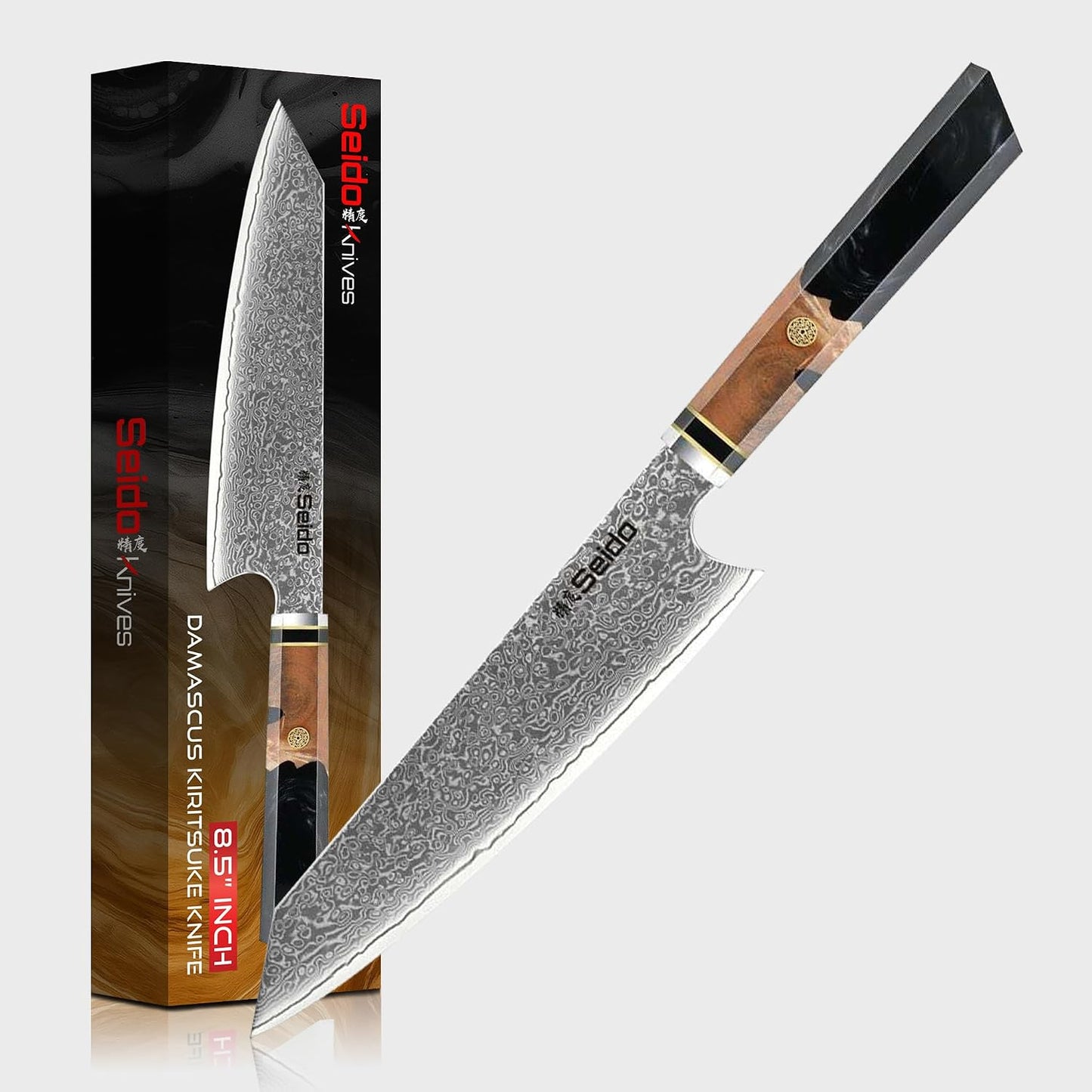 Kiritsuke Damascus Steel Chef Knife Epoxy Resin Stabilized Wood Handle Professional Kitchen Knife VG10 High Carbon Stainless Steel, Forest Green | VG10 high-carbon stainless steel with Damascus finish and forest green resin wood handle