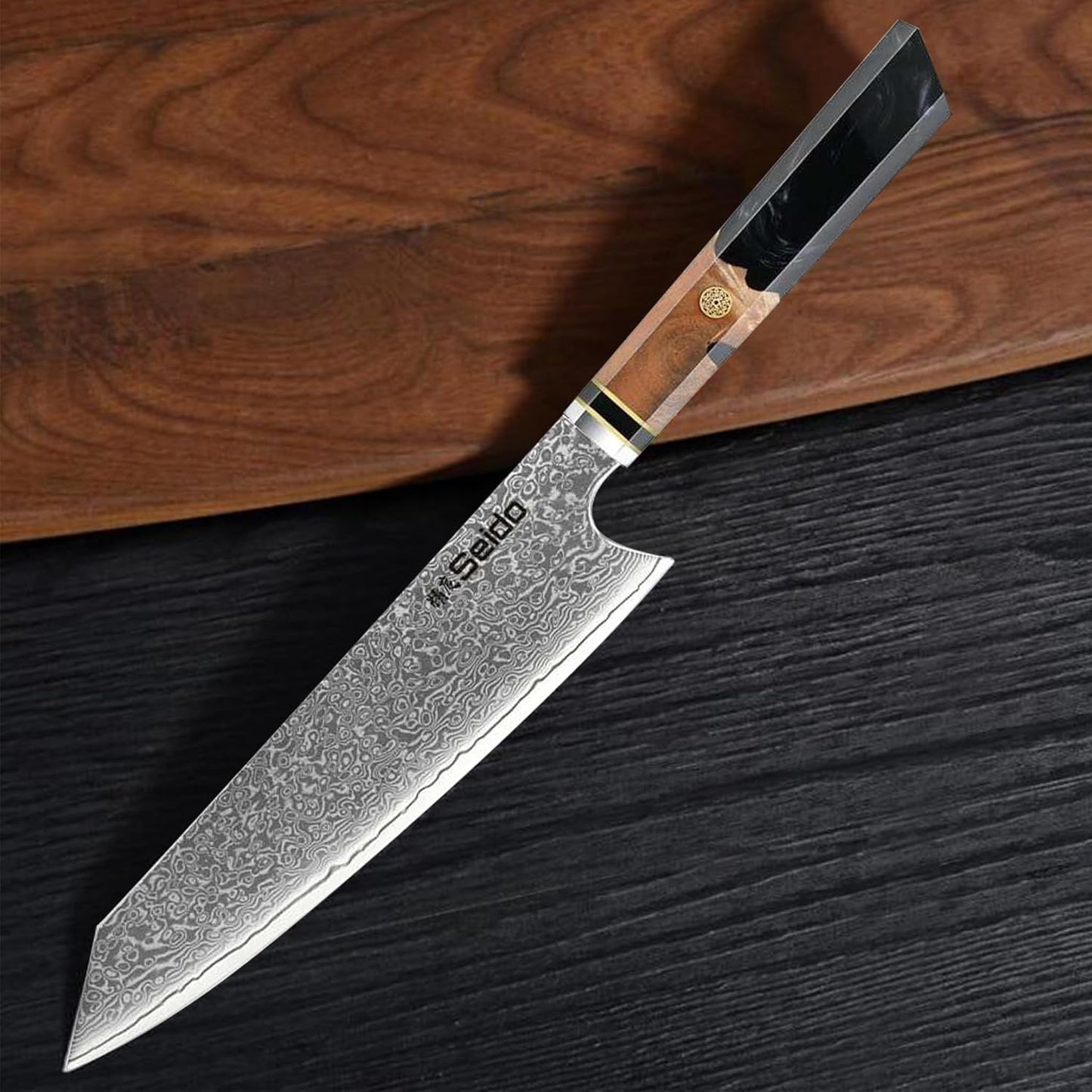 Kiritsuke Damascus Steel Chef Knife Epoxy Resin Stabilized Wood Handle Professional Kitchen Knife VG10 High Carbon Stainless Steel, Forest Green | VG10 high-carbon stainless steel with Damascus finish and forest green resin wood handle