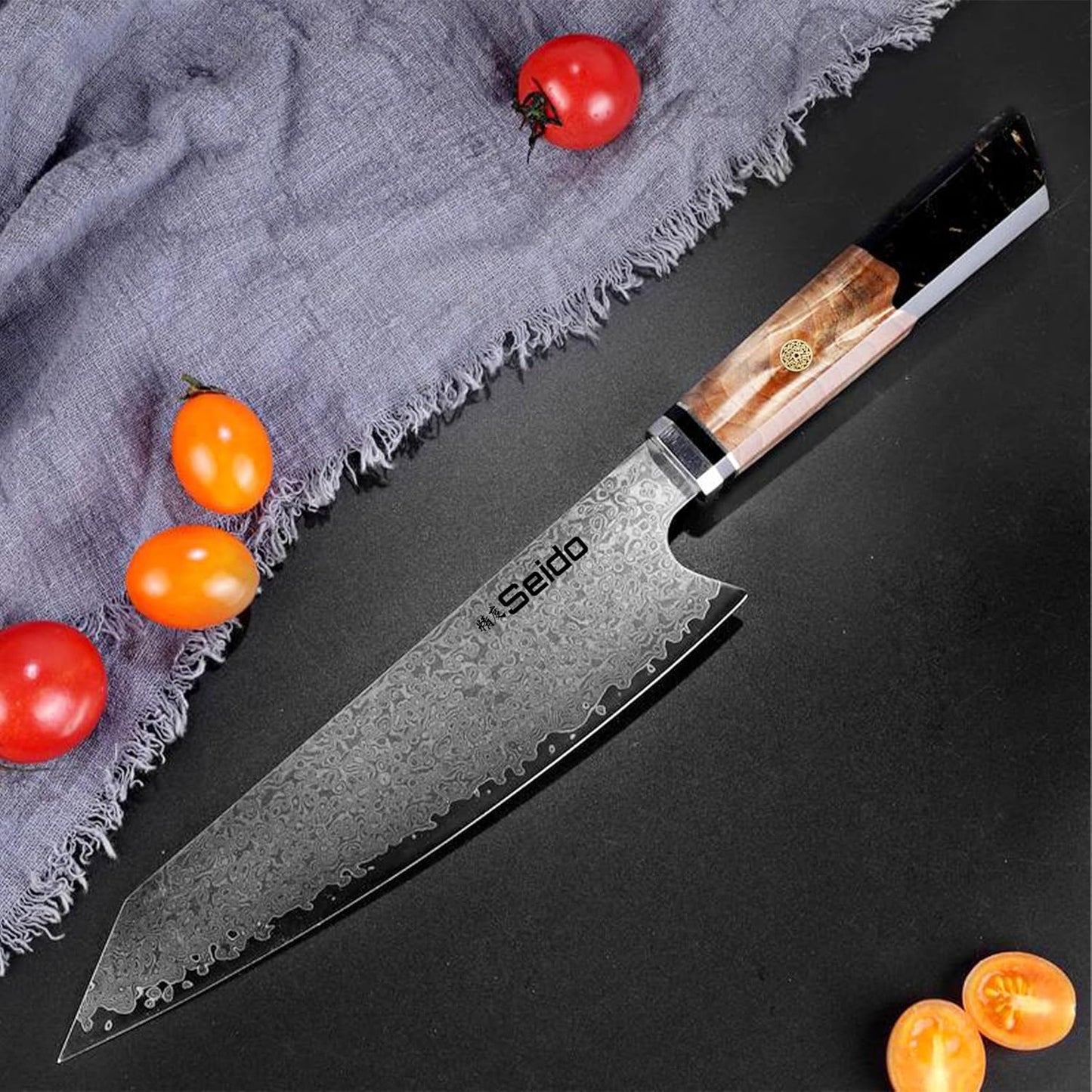 Kiritsuke Damascus Steel Chef Knife Epoxy Resin Stabilized Wood Handle Professional Kitchen Knife VG10 High Carbon Stainless Steel, Forest Green | VG10 high-carbon stainless steel with Damascus finish and forest green resin wood handle