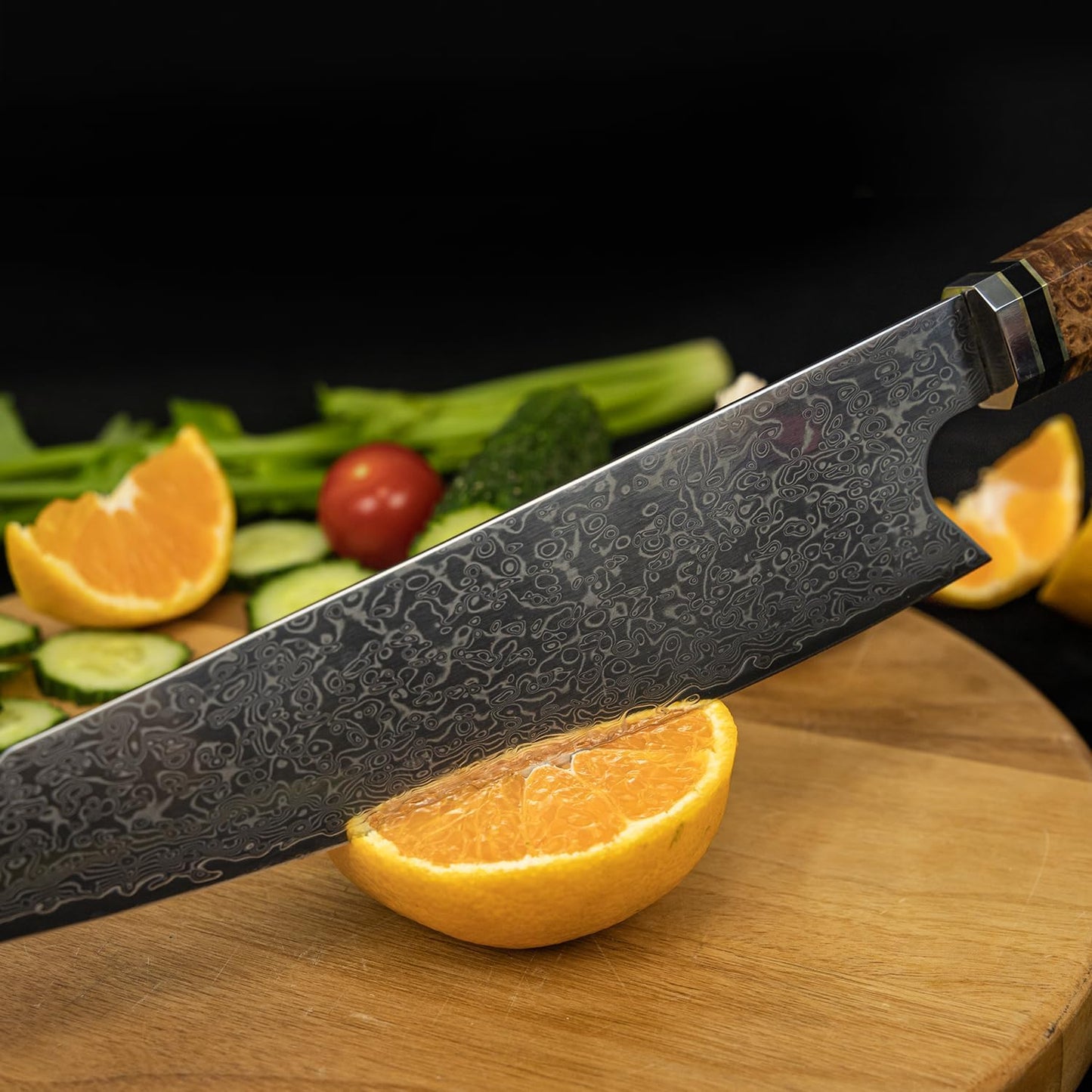 Kiritsuke Damascus Steel Chef Knife Epoxy Resin Stabilized Wood Handle Professional Kitchen Knife VG10 High Carbon Stainless Steel, Forest Green | VG10 high-carbon stainless steel with Damascus finish and forest green resin wood handle