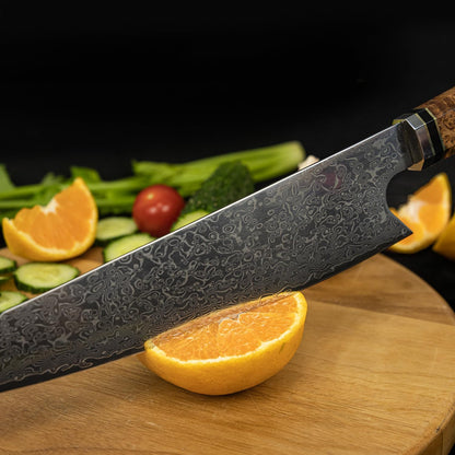 Kiritsuke Damascus Steel Chef Knife Epoxy Resin Stabilized Wood Handle Professional Kitchen Knife VG10 High Carbon Stainless Steel, Forest Green | VG10 high-carbon stainless steel with Damascus finish and forest green resin wood handle