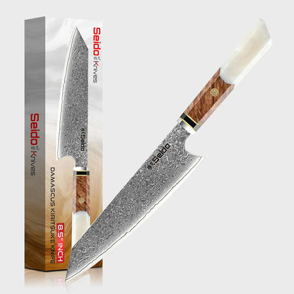 Kiritsuke Damascus Steel Chef Knife Epoxy Resin Stabilized Wood Handle Professional Kitchen Knife VG10 High Carbon Stainless Steel, Forest Green | VG10 high-carbon stainless steel with Damascus finish and forest green resin wood handle
