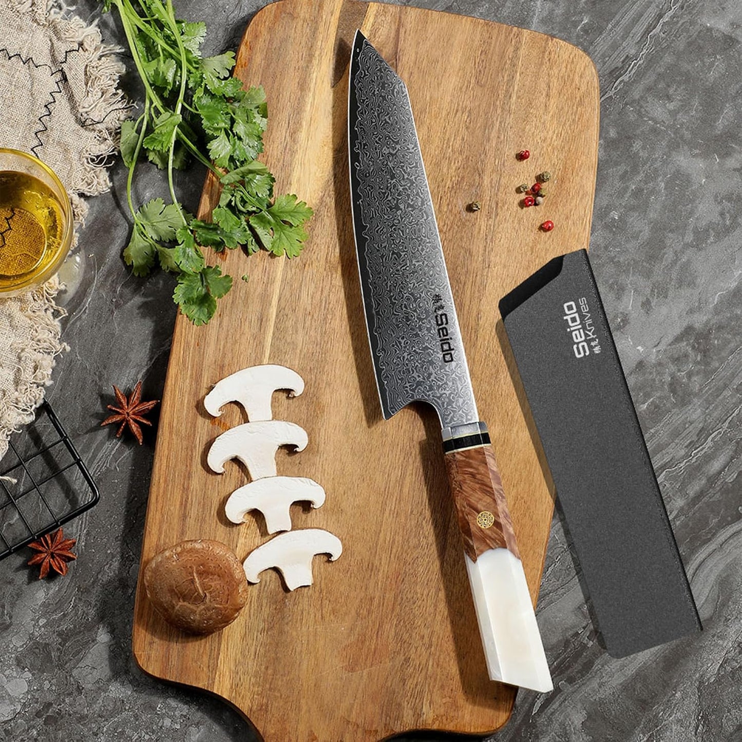 Kiritsuke Damascus Steel Chef Knife Epoxy Resin Stabilized Wood Handle Professional Kitchen Knife VG10 High Carbon Stainless Steel, Forest Green | VG10 high-carbon stainless steel with Damascus finish and forest green resin wood handle