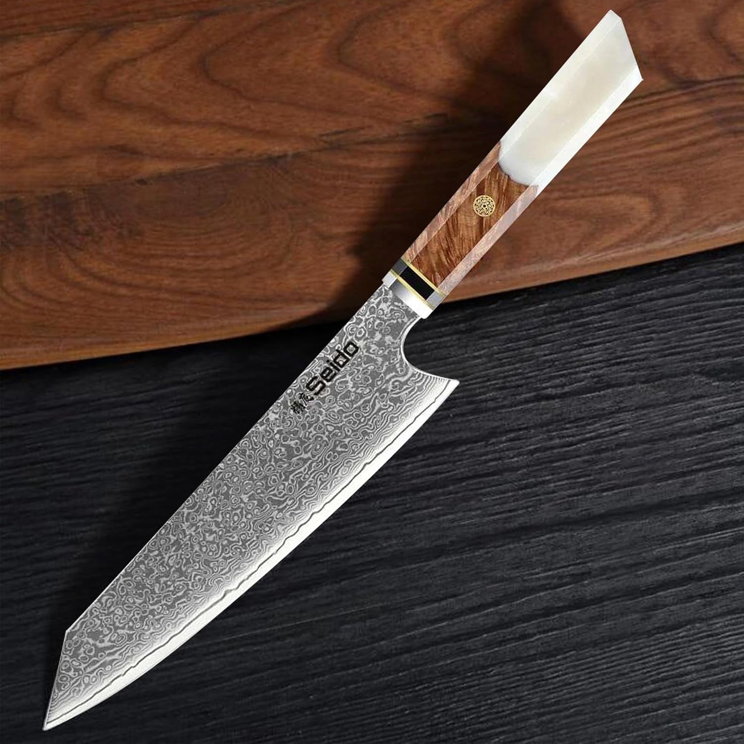 Kiritsuke Damascus Steel Chef Knife Epoxy Resin Stabilized Wood Handle Professional Kitchen Knife VG10 High Carbon Stainless Steel, Forest Green | VG10 high-carbon stainless steel with Damascus finish and forest green resin wood handle