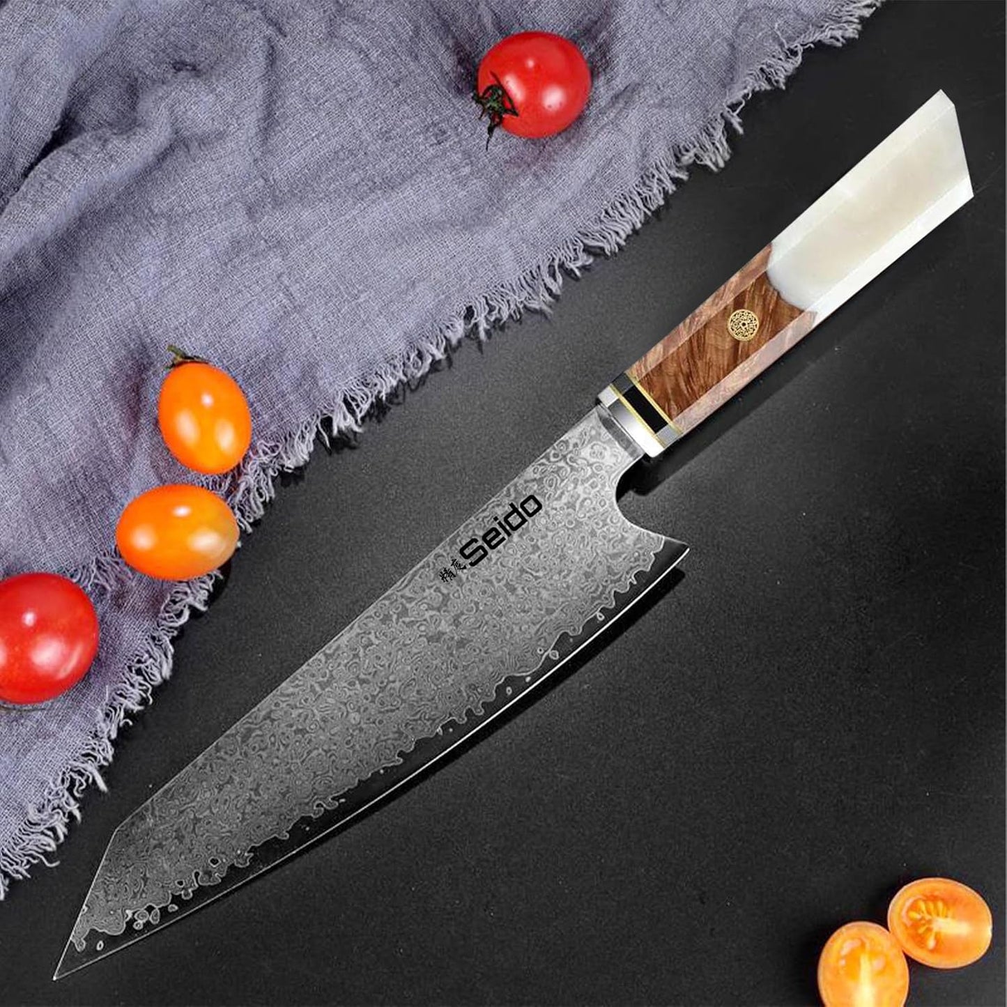 Kiritsuke Damascus Steel Chef Knife Epoxy Resin Stabilized Wood Handle Professional Kitchen Knife VG10 High Carbon Stainless Steel, Forest Green | VG10 high-carbon stainless steel with Damascus finish and forest green resin wood handle