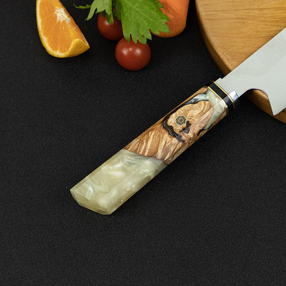 Kiritsuke Damascus Steel Chef Knife Epoxy Resin Stabilized Wood Handle Professional Kitchen Knife VG10 High Carbon Stainless Steel, Forest Green | VG10 high-carbon stainless steel with Damascus finish and forest green resin wood handle