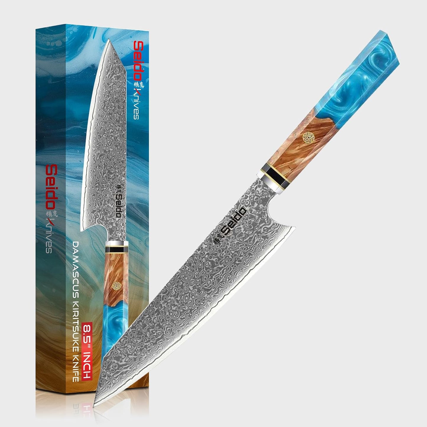 Kiritsuke Damascus Steel Chef Knife Epoxy Resin Stabilized Wood Handle Professional Kitchen Knife VG10 High Carbon Stainless Steel, Forest Green | VG10 high-carbon stainless steel with Damascus finish and forest green resin wood handle