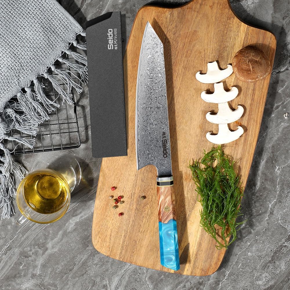 Kiritsuke Damascus Steel Chef Knife Epoxy Resin Stabilized Wood Handle Professional Kitchen Knife VG10 High Carbon Stainless Steel, Forest Green | VG10 high-carbon stainless steel with Damascus finish and forest green resin wood handle