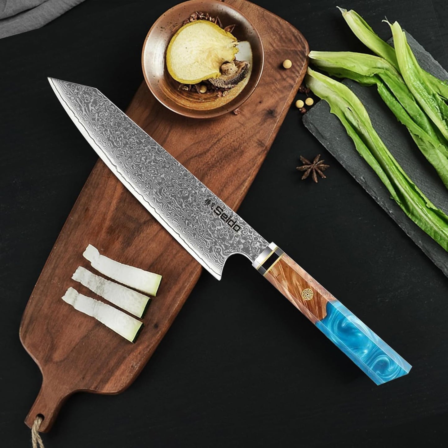 Kiritsuke Damascus Steel Chef Knife Epoxy Resin Stabilized Wood Handle Professional Kitchen Knife VG10 High Carbon Stainless Steel, Forest Green | VG10 high-carbon stainless steel with Damascus finish and forest green resin wood handle