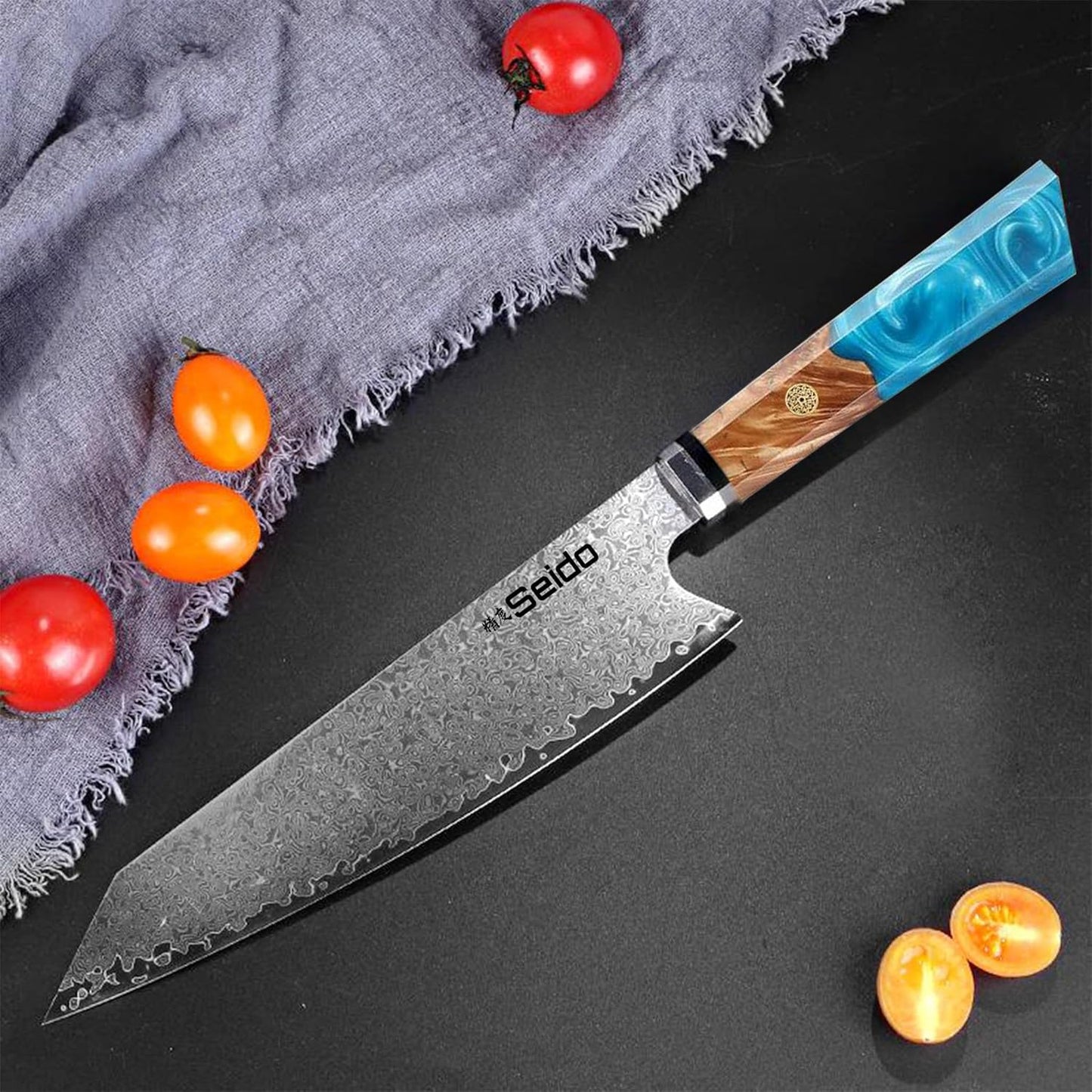 Kiritsuke Damascus Steel Chef Knife Epoxy Resin Stabilized Wood Handle Professional Kitchen Knife VG10 High Carbon Stainless Steel, Forest Green | VG10 high-carbon stainless steel with Damascus finish and forest green resin wood handle
