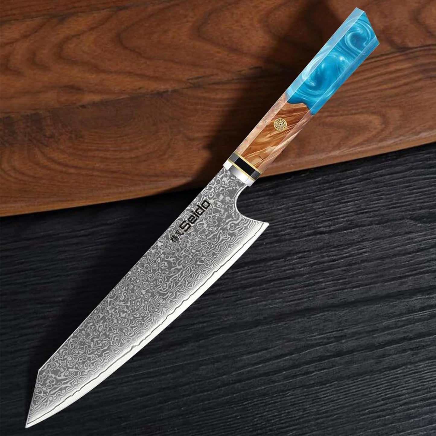 Kiritsuke Damascus Steel Chef Knife Epoxy Resin Stabilized Wood Handle Professional Kitchen Knife VG10 High Carbon Stainless Steel, Forest Green | VG10 high-carbon stainless steel with Damascus finish and forest green resin wood handle