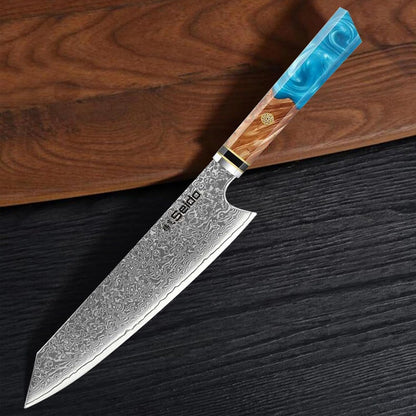 Kiritsuke Damascus Steel Chef Knife Epoxy Resin Stabilized Wood Handle Professional Kitchen Knife VG10 High Carbon Stainless Steel, Forest Green | VG10 high-carbon stainless steel with Damascus finish and forest green resin wood handle