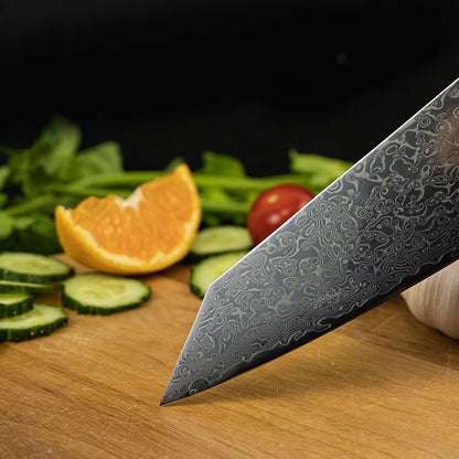 Kiritsuke Damascus Steel Chef Knife Epoxy Resin Stabilized Wood Handle Professional Kitchen Knife VG10 High Carbon Stainless Steel, Forest Green | VG10 high-carbon stainless steel with Damascus finish and forest green resin wood handle