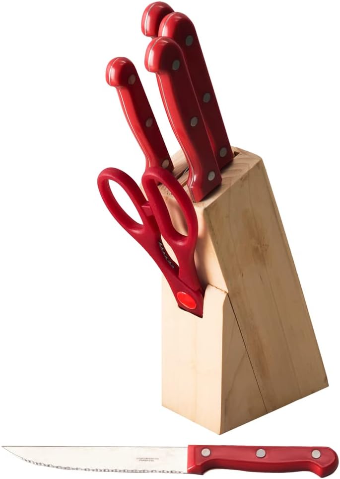 7 Piece Knife Set, Red | Wooden Block Included for Storage | Comfortable Grip | Non-Slip Handles | Bright Red | Heavy Duty Stainless Steel