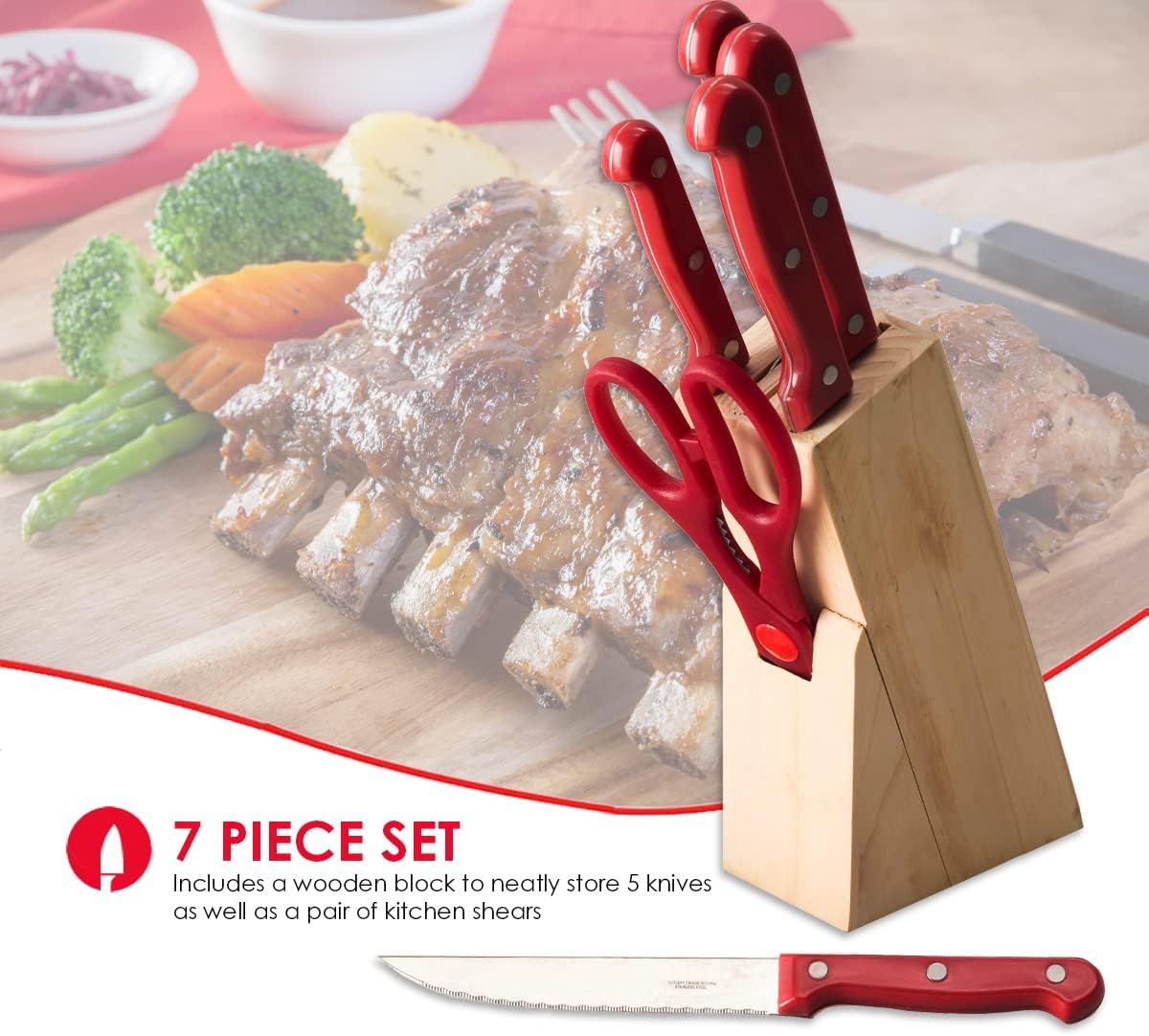 7 Piece Knife Set, Red | Wooden Block Included for Storage | Comfortable Grip | Non-Slip Handles | Bright Red | Heavy Duty Stainless Steel