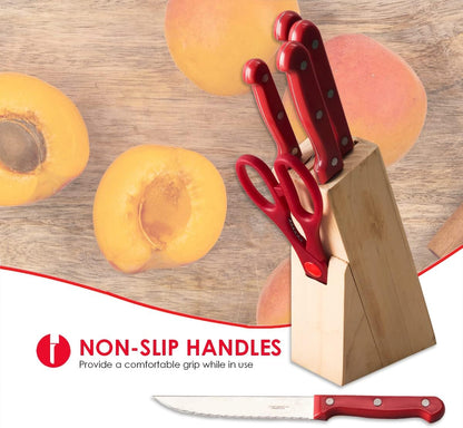 7 Piece Knife Set, Red | Wooden Block Included for Storage | Comfortable Grip | Non-Slip Handles | Bright Red | Heavy Duty Stainless Steel
