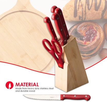 7 Piece Knife Set, Red | Wooden Block Included for Storage | Comfortable Grip | Non-Slip Handles | Bright Red | Heavy Duty Stainless Steel