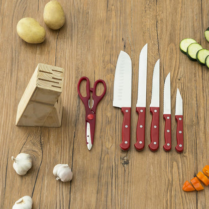 7 Piece Knife Set, Red | Wooden Block Included for Storage | Comfortable Grip | Non-Slip Handles | Bright Red | Heavy Duty Stainless Steel