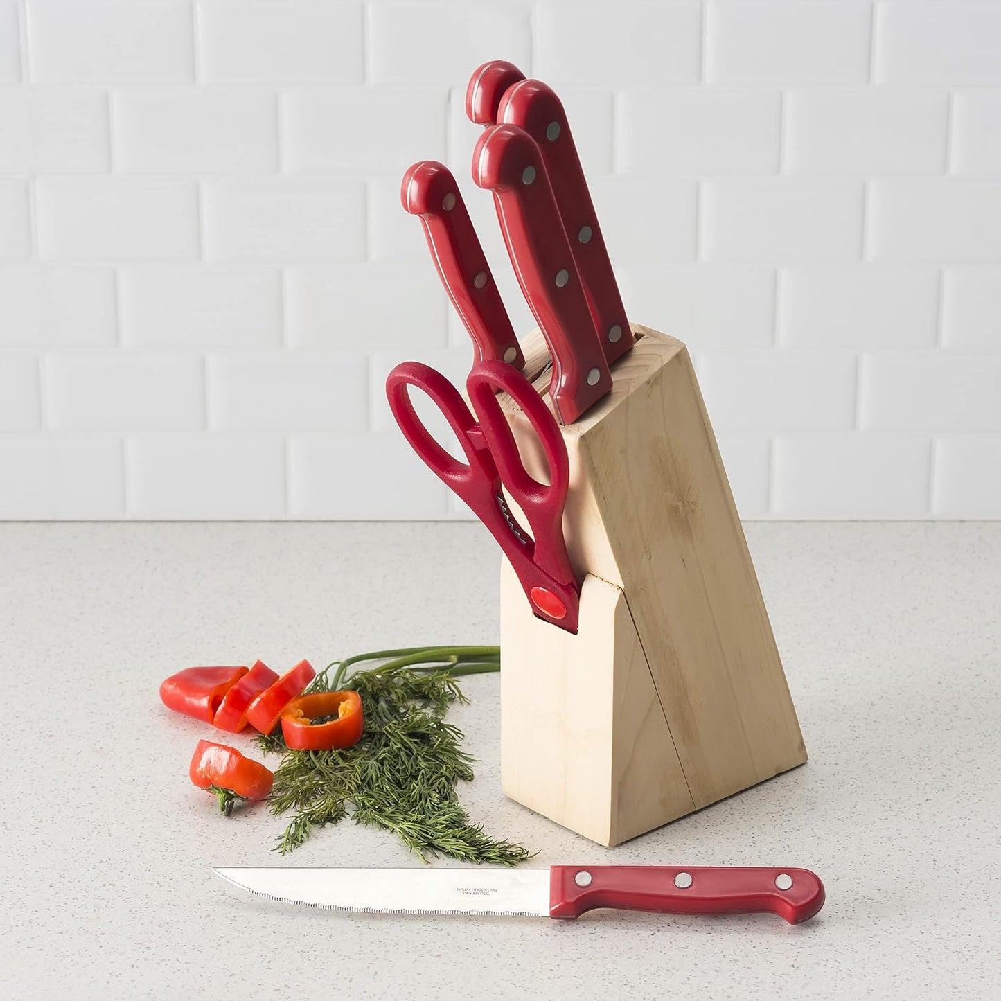 7 Piece Knife Set, Red | Wooden Block Included for Storage | Comfortable Grip | Non-Slip Handles | Bright Red | Heavy Duty Stainless Steel