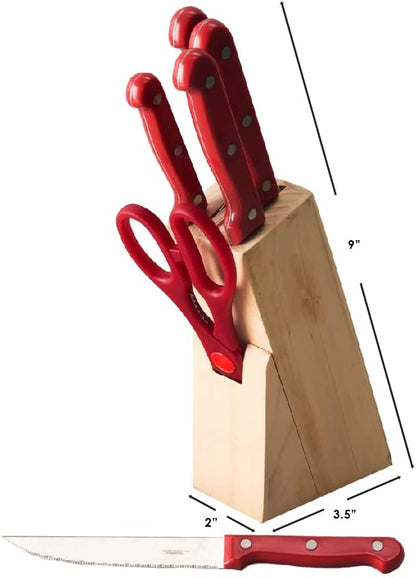 7 Piece Knife Set, Red | Wooden Block Included for Storage | Comfortable Grip | Non-Slip Handles | Bright Red | Heavy Duty Stainless Steel