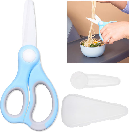 Ceramic Baby Food Scissors - Blue - With Dust Cover and Storage Case - Cut Baby Food Easily - Ideal for Noodles, Meat, Chicken, Veggies and Fruits (Blue - 1 Pack)