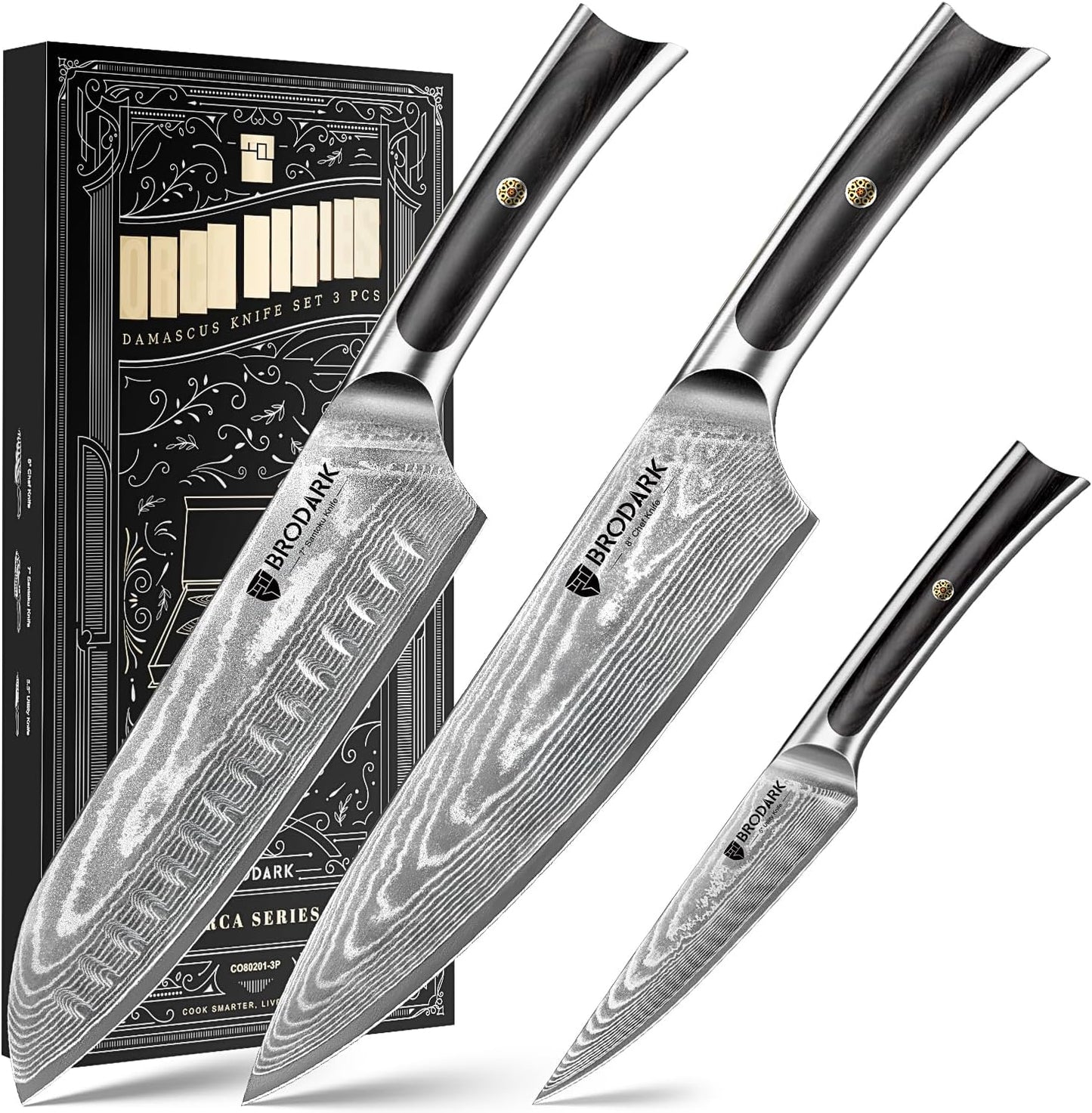 Damascus Chef Knife 3 PCS, VG10 Steel Full Tang Sharp Professional Japanese Chef Knife Set for Kitchen, Ergonomic Pakkawood Handle Damascus Knife Set with Gift Box