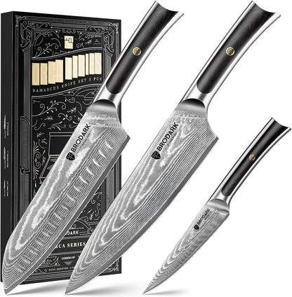 Damascus Chef Knife 3 PCS, VG10 Steel Full Tang Sharp Professional Japanese Chef Knife Set for Kitchen, Ergonomic Pakkawood Handle Damascus Knife Set with Gift Box
