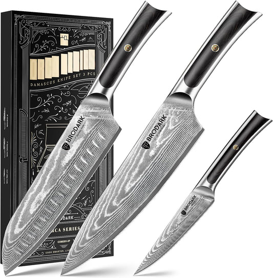 Damascus Chef Knife 3 PCS, VG10 Steel Full Tang Sharp Professional Japanese Chef Knife Set for Kitchen, Ergonomic Pakkawood Handle Damascus Knife Set with Gift Box