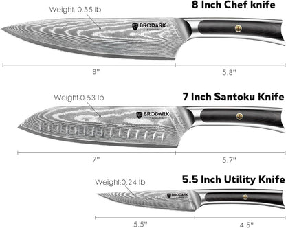 Damascus Chef Knife 3 PCS, VG10 Steel Full Tang Sharp Professional Japanese Chef Knife Set for Kitchen, Ergonomic Pakkawood Handle Damascus Knife Set with Gift Box