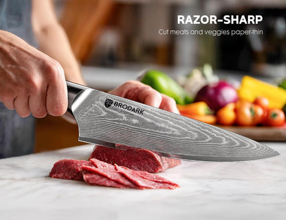 Damascus Chef Knife 3 PCS, VG10 Steel Full Tang Sharp Professional Japanese Chef Knife Set for Kitchen, Ergonomic Pakkawood Handle Damascus Knife Set with Gift Box
