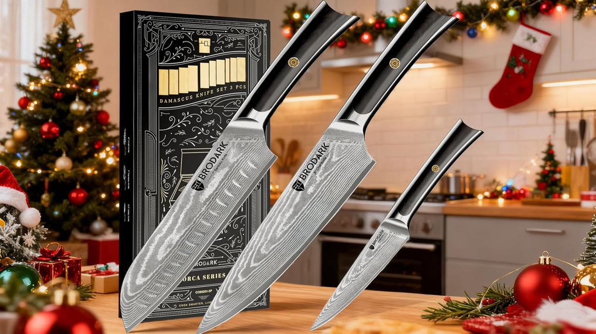 Damascus Chef Knife 3 PCS, VG10 Steel Full Tang Sharp Professional Japanese Chef Knife Set for Kitchen, Ergonomic Pakkawood Handle Damascus Knife Set with Gift Box
