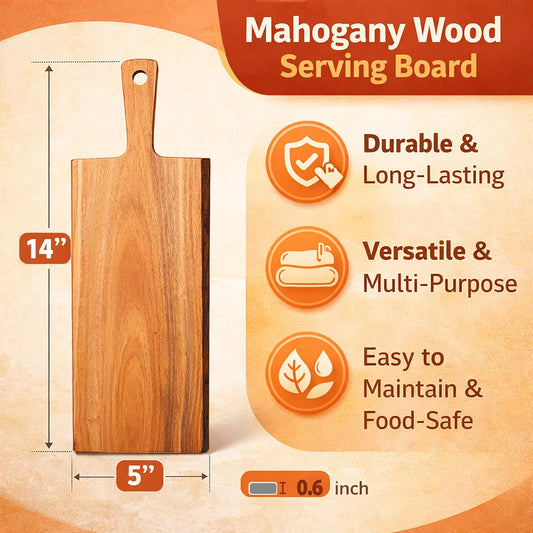 Solid Wood Serving Board Cheese Paddle Board, 14" L x 5" W | Charcuterie Board, One Side Natural Edge, For Dessert Bread Vegetables Fruits