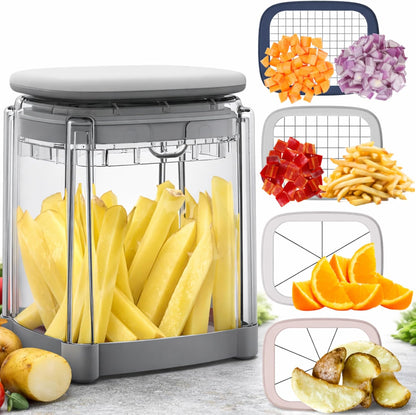 PerfectCut Vegetable Chopper: Manual Push-Down Food Dicer & Chop Box, 4 Blades, French Fry Cutter, Potato Wedge & Veggie Cutter, No Electricity, 3.5-Cup Catch Container, 5 Recipe eBooks