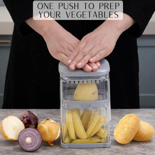 PerfectCut Vegetable Chopper: Manual Push-Down Food Dicer & Chop Box, 4 Blades, French Fry Cutter, Potato Wedge & Veggie Cutter, No Electricity, 3.5-Cup Catch Container, 5 Recipe eBooks