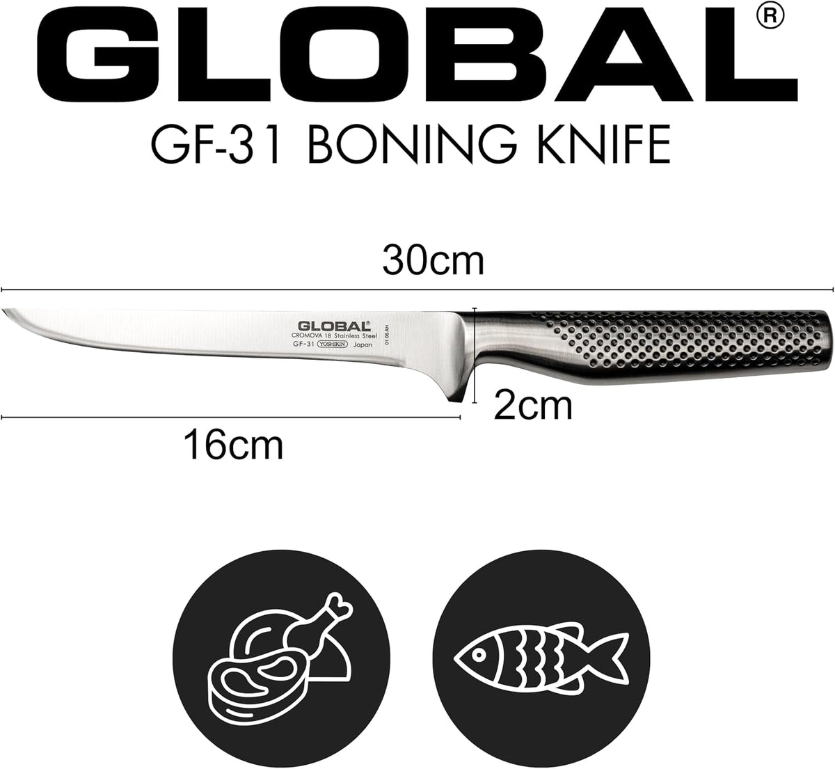 Global GF-31-6 1/4 inch, 16cm Heavyweight Boning Knife, 6, Stainless Steel