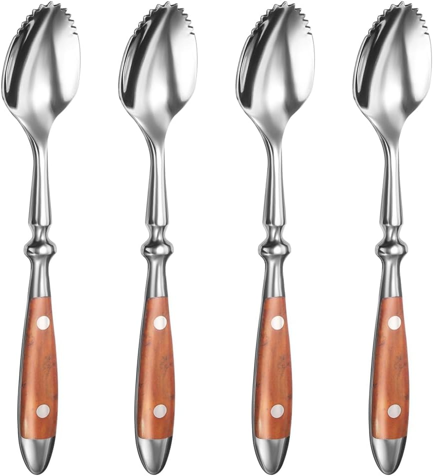 Grapefruit Spoons Kit 4PCS Serrated Grapefruit Spoon, Stainless Steel 18/8 Fruit Spoon Kiwi Spoon Kit with Wood Handle