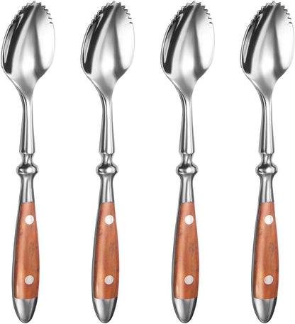 Grapefruit Spoons Kit 4PCS Serrated Grapefruit Spoon, Stainless Steel 18/8 Fruit Spoon Kiwi Spoon Kit with Wood Handle