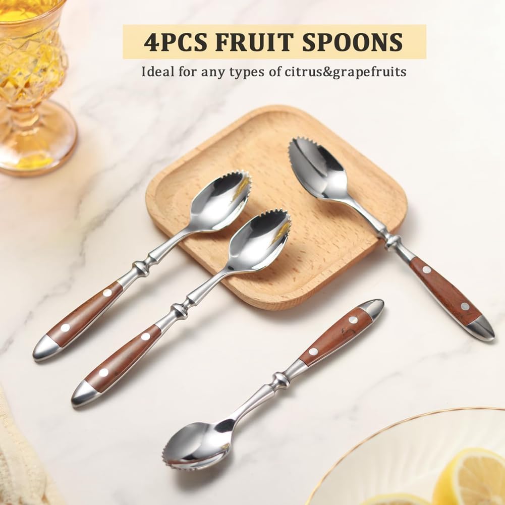 Grapefruit Spoons Kit 4PCS Serrated Grapefruit Spoon, Stainless Steel 18/8 Fruit Spoon Kiwi Spoon Kit with Wood Handle