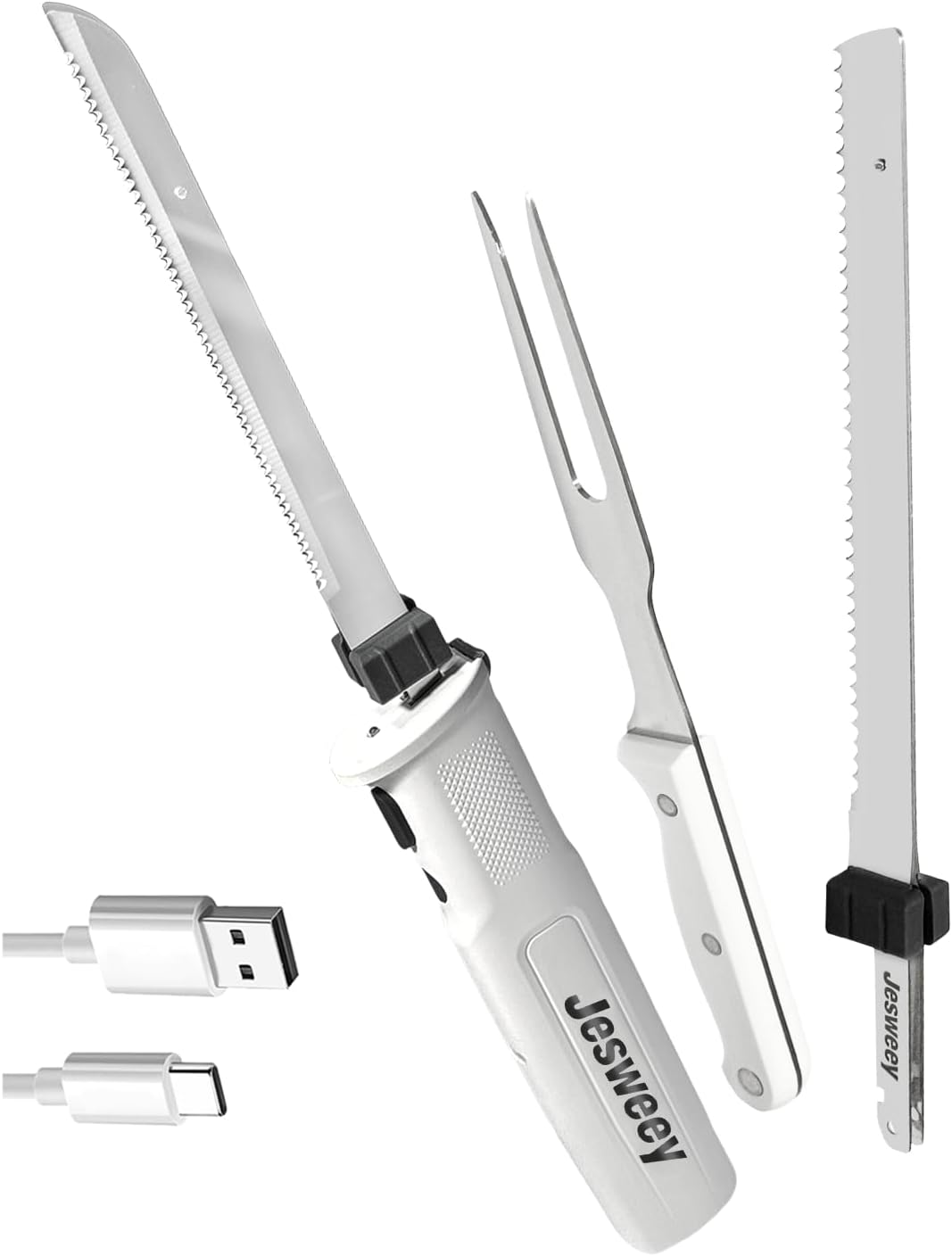Cordless Electric Carving Knife for Meat Slicing, Fish, Bread, Turkey, Ergonomic Handle, Serving Fork Included, Package Box for Storage & Safety Lock