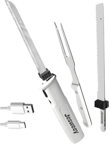 Cordless Electric Carving Knife for Meat Slicing, Fish, Bread, Turkey, Ergonomic Handle, Serving Fork Included, Package Box for Storage & Safety Lock