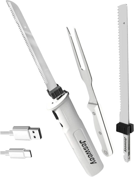 Cordless Electric Carving Knife for Meat Slicing, Fish, Bread, Turkey, Ergonomic Handle, Serving Fork Included, Package Box for Storage & Safety Lock