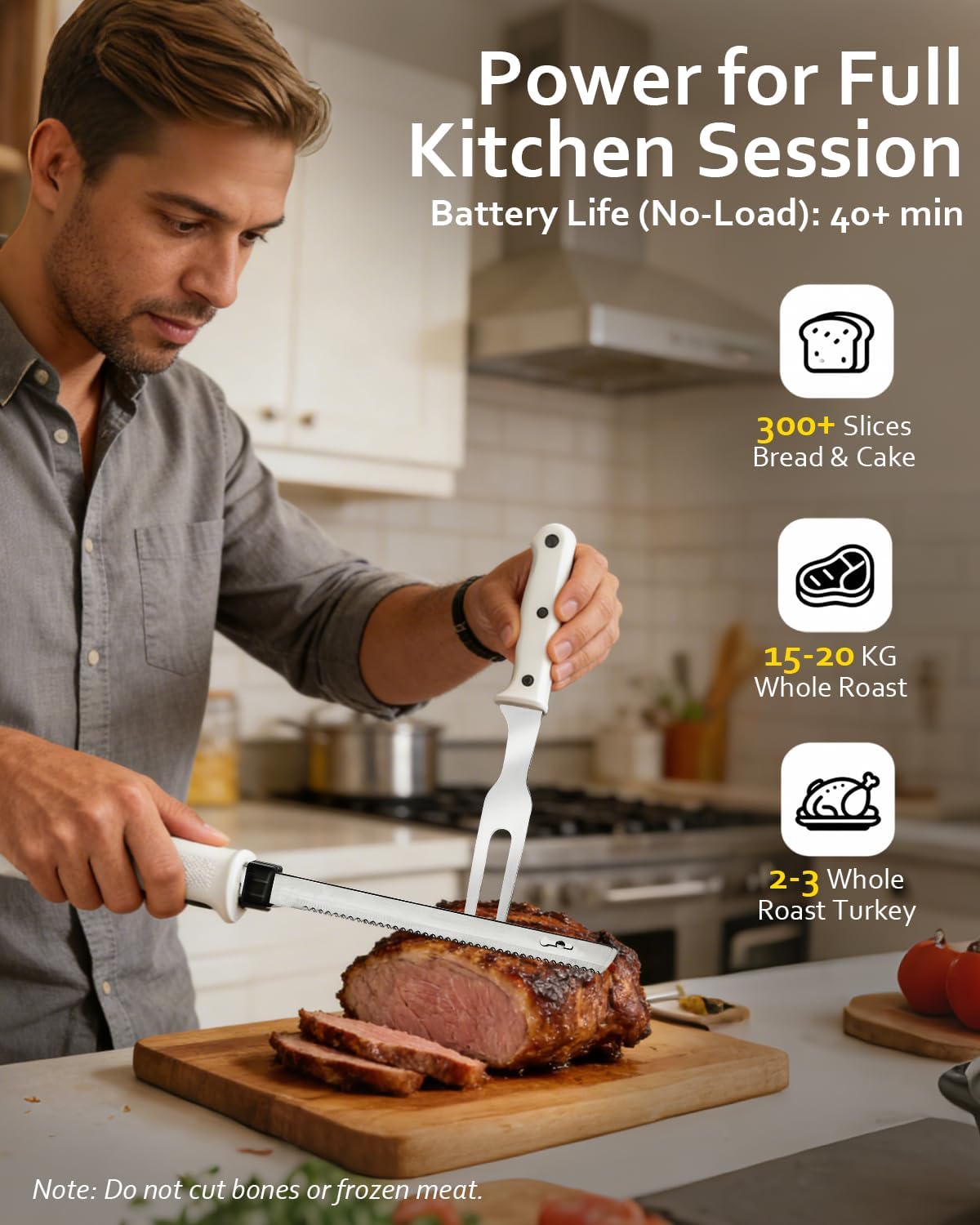Cordless Electric Carving Knife for Meat Slicing, Fish, Bread, Turkey, Ergonomic Handle, Serving Fork Included, Package Box for Storage & Safety Lock