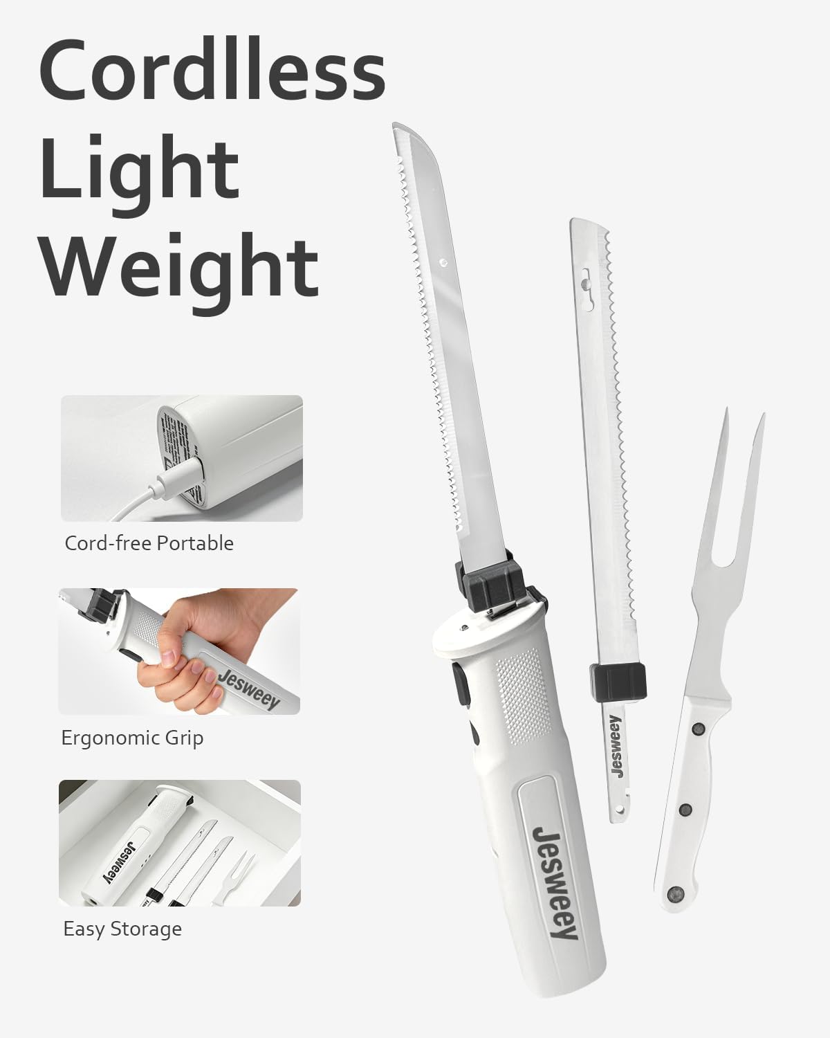 Cordless Electric Carving Knife for Meat Slicing, Fish, Bread, Turkey, Ergonomic Handle, Serving Fork Included, Package Box for Storage & Safety Lock
