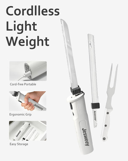 Cordless Electric Carving Knife for Meat Slicing, Fish, Bread, Turkey, Ergonomic Handle, Serving Fork Included, Package Box for Storage & Safety Lock