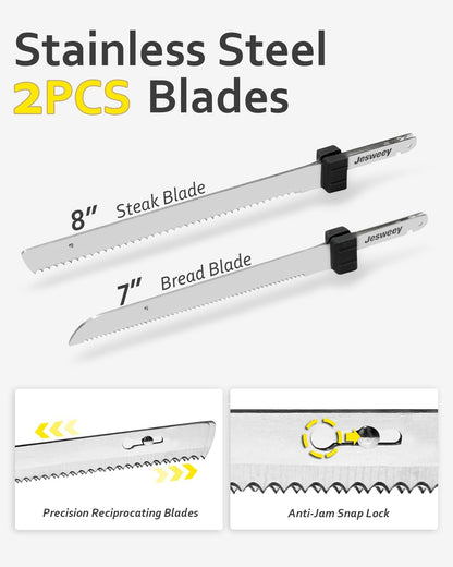 Cordless Electric Carving Knife for Meat Slicing, Fish, Bread, Turkey, Ergonomic Handle, Serving Fork Included, Package Box for Storage & Safety Lock