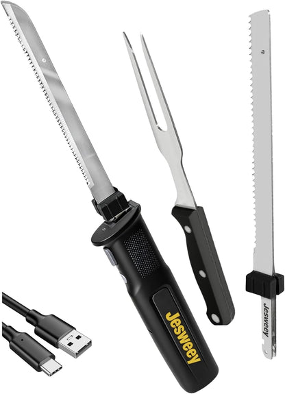 Cordless Electric Carving Knife for Meat Slicing, Fish, Bread, Turkey, Ergonomic Handle, Serving Fork Included, Package Box for Storage & Safety Lock