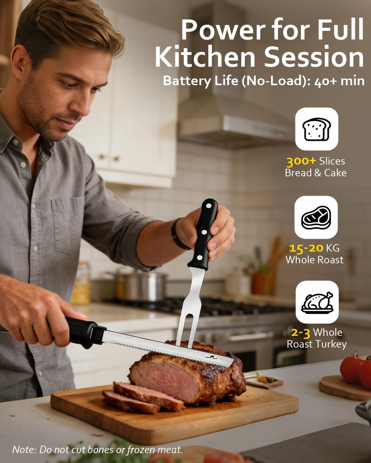 Cordless Electric Carving Knife for Meat Slicing, Fish, Bread, Turkey, Ergonomic Handle, Serving Fork Included, Package Box for Storage & Safety Lock