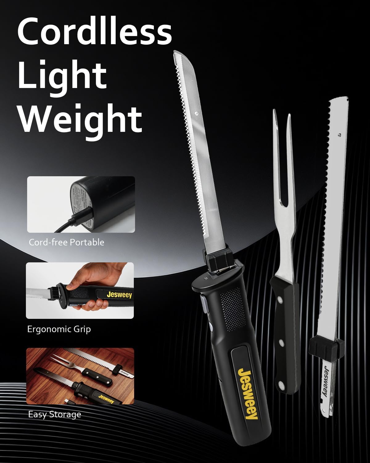 Cordless Electric Carving Knife for Meat Slicing, Fish, Bread, Turkey, Ergonomic Handle, Serving Fork Included, Package Box for Storage & Safety Lock