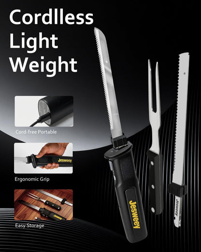 Cordless Electric Carving Knife for Meat Slicing, Fish, Bread, Turkey, Ergonomic Handle, Serving Fork Included, Package Box for Storage & Safety Lock