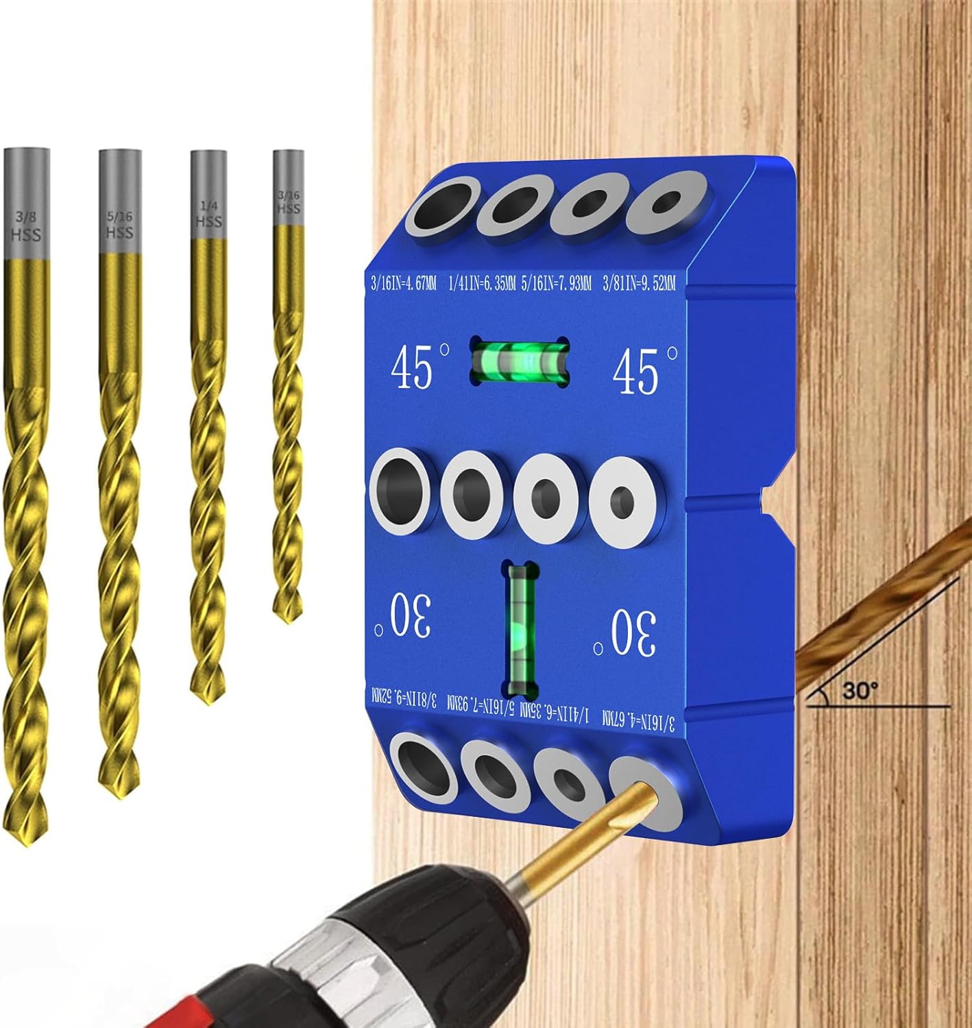 Aluminum 30/45/90° Angle Drill Guide Jig for Woodworking - Precision Angled and Straight Hole Drilling with Bubble Level, for Stair Handrail, Deck Post, Cable Railing, Furniture Assembly